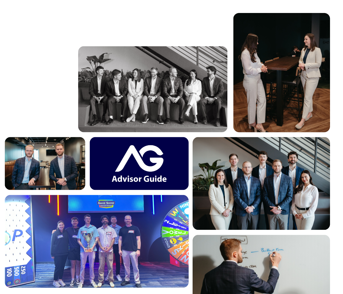 The Advisor Guide team, collage of moments from offices, workshops, and team gatherings