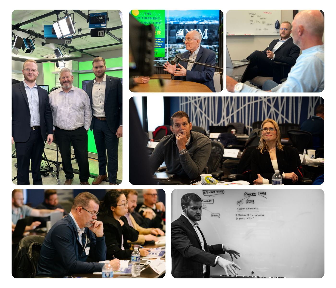 Advisor Guide team at work, in studios, conference rooms, and on the whiteboard